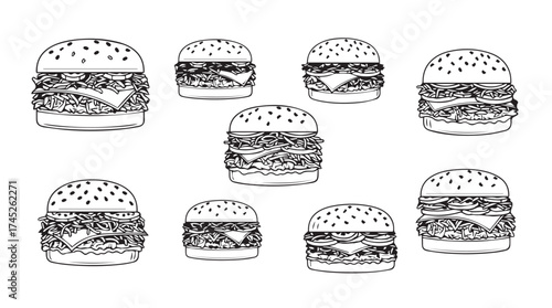 Hand drawn sketch collection of delicious burgers and cheeseburgers with various toppings isolated vector