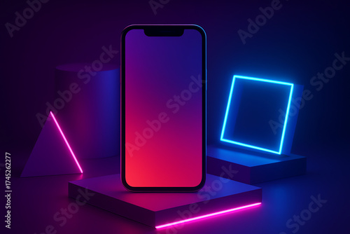 Mockup of a smartphone screen on floating geometric shapes with neon lighting