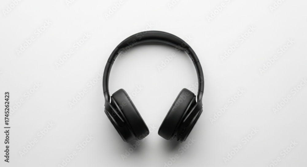 Fototapeta premium Black wireless headphones on white background modern audio equipment for music listening studio shot