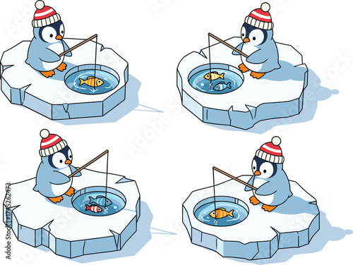 Penguins Fishing on Ice Floes – Isometric Vector