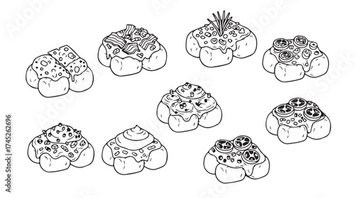 Hand drawn sketch collection of delicious croissants and pastries for baking and food content vector