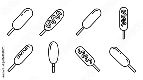 Set of hand drawn corn dogs on sticks with ketchup and mustard drizzle simple icons vector