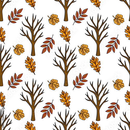 Seamless vector pattern featuring bare trees and golden autumn leaves, evoking a crisp fall atmosphere.