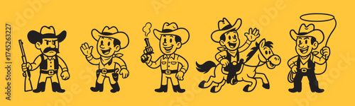 Wild West cartoon cowboys with guns, horses, and lassos ready for adventure, perfect for kids' projects and playful designs, creating a sense of carefree fun