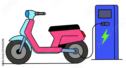 Electric scooter charging at station. Modern urban transportation. Eco friendly vehicle. Vector illustration on white background.