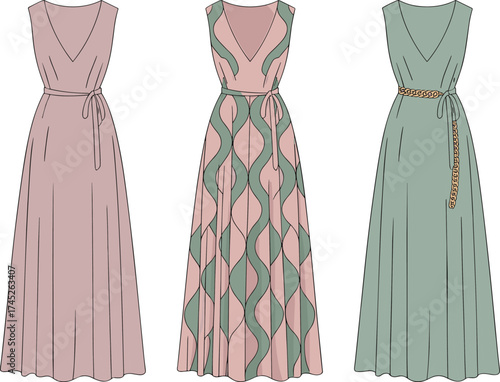 Sleeveless dresses, V-neckline, fabric belt, gold chain belt, pleated skirt, dusty pink, sage green, geometric pattern, fashion design, cad drawing flat vector illustration