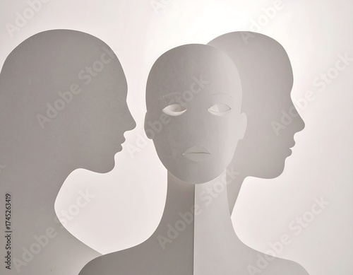 Three profile silhouettes of heads, creating a sense of observation and introspection. Light and shadow play against a white background, emphasizing the emotional nuance of the central figure