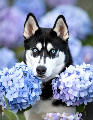 Close-up of Husky dog in blue hydrangea blossoms