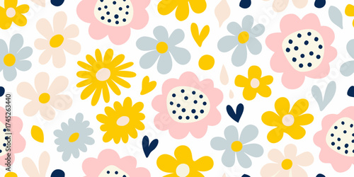 Cute and colorful abstract floral pattern with hearts and dots on white background