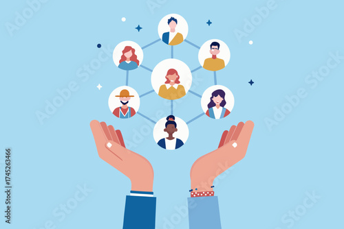Diverse group of people connected in a network diagram held by caring hands
