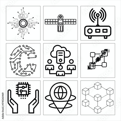 Technology And Connectivity Vector Icons Set Depicting Network Communication Systems And Digital Solutions