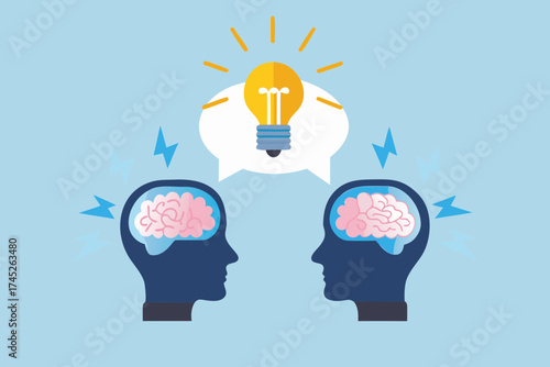 Two human heads with brains inside facing each other with a lightbulb idea symbol above them