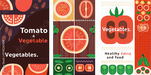 Vibrant illustration of tomatoes and various vegetables promoting healthy eating and fresh food choices