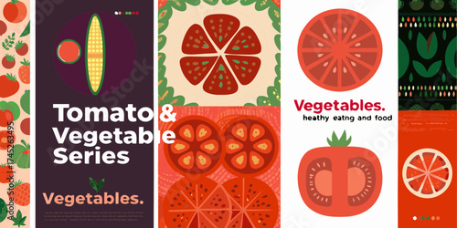 A vibrant collection of stylized tomato and vegetable illustrations in a playful artistic design