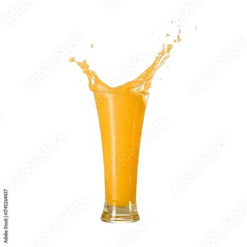 Dynamic Splash of Fresh Orange Juice in a Tall Glass Isolated on White Background