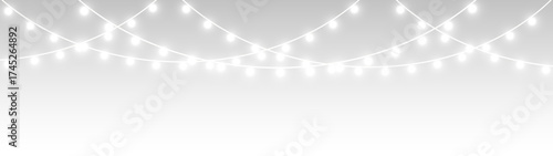 Winter holiday decoration featuring bright garlands and glowing lamps, Christmas chain lights, gold and white accents, isolated transparent illustration for festive design projects.