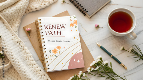 Notebook titled Renew Path resting on a wooden desk