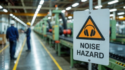 Protect hearing with noise hazard warning sign in modern factory for safety and compliance guidance