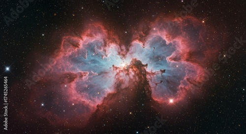 A breathtaking nebula filled with vibrant red, orange, and blue cosmic dust.