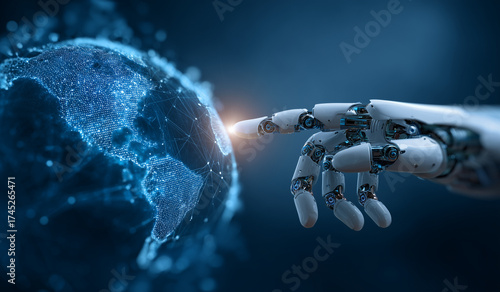 robot hand touching human finger on a digital earth globe with global network connection technology concept, a futuristic robot and artificial intelligence concept