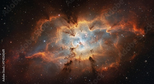 A breathtaking nebula filled with vibrant red, orange, and blue cosmic dust.