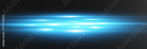 Blue neon light streaks, glowing energy lines with motion blur and flare effect, futuristic sci-fi speed wave isolated on transparent background, abstract luminous technology glow element
