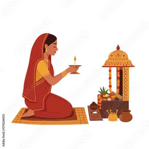 A vibrant flat 2D vector illustration of an Indian woman kneeling, eyes closed in prayer, holding a lit candle respectfully before a decorative home altar with offerings.
