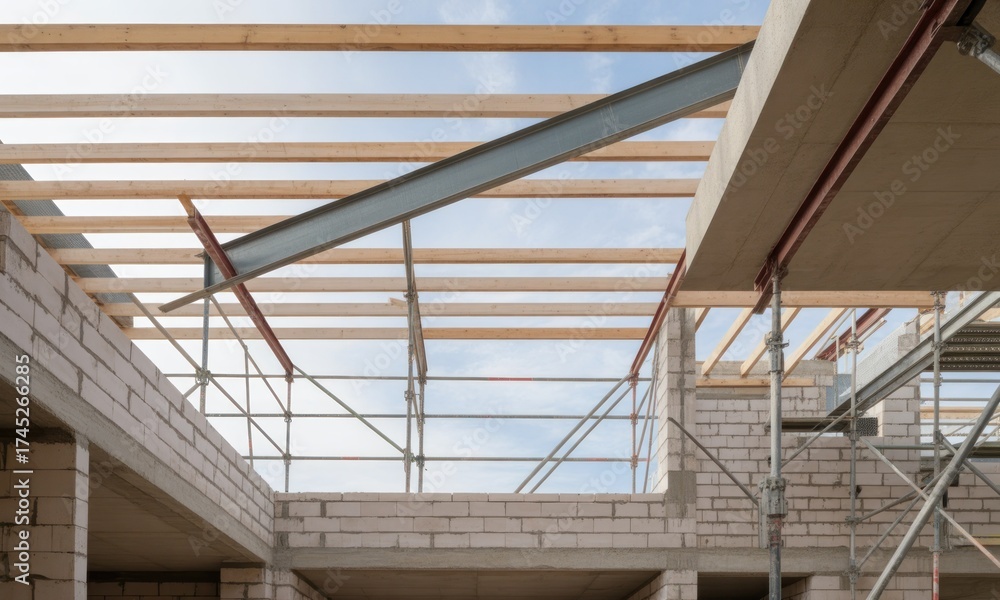 Obraz premium Construction site shows exposed rafters, a steel beam, scaffolding, and the framework of a building