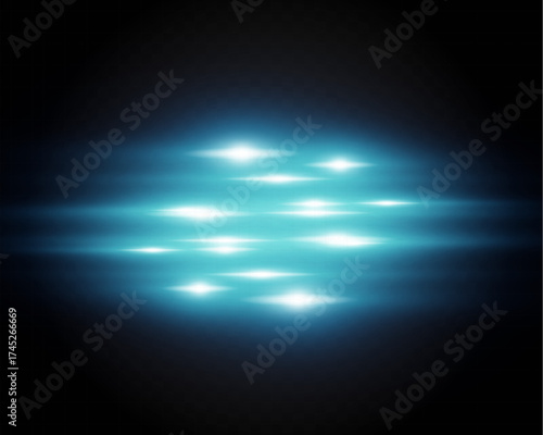Blue glowing light streaks, horizontal neon flare effect with bright energy lines, futuristic motion blur isolated on transparent background, abstract sci-fi glow wave visual element.
