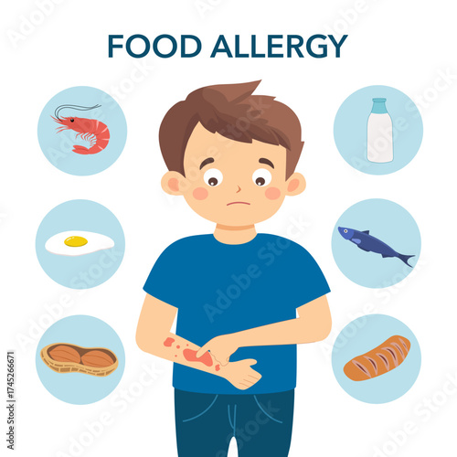 Kid having food allergy symptom to products like seafood, gluten, egg, peanut and milk in flat design. Female got red spots on her skin.