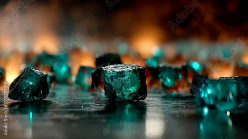 Shimmering emerald green crystal fragments scattered across a reflective surface with warm glowing light and dramatic depth of field