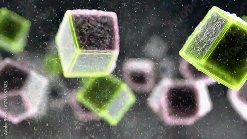 Floating translucent cubes with glowing green edges and misty particle effects suspended in dark space creating abstract 3D motion depth