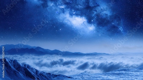 Mystical night sky mountain landscape with stars clouds