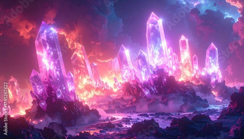 Majestic, luminous crystalline structures illuminate a fantastical landscape, bathed in vibrant shades of pink, purple, and orange with hints of blue.