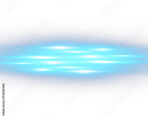 Blue glowing light streaks, horizontal neon flare effect with bright energy lines, futuristic motion blur isolated on transparent background, abstract sci-fi glow wave visual element.