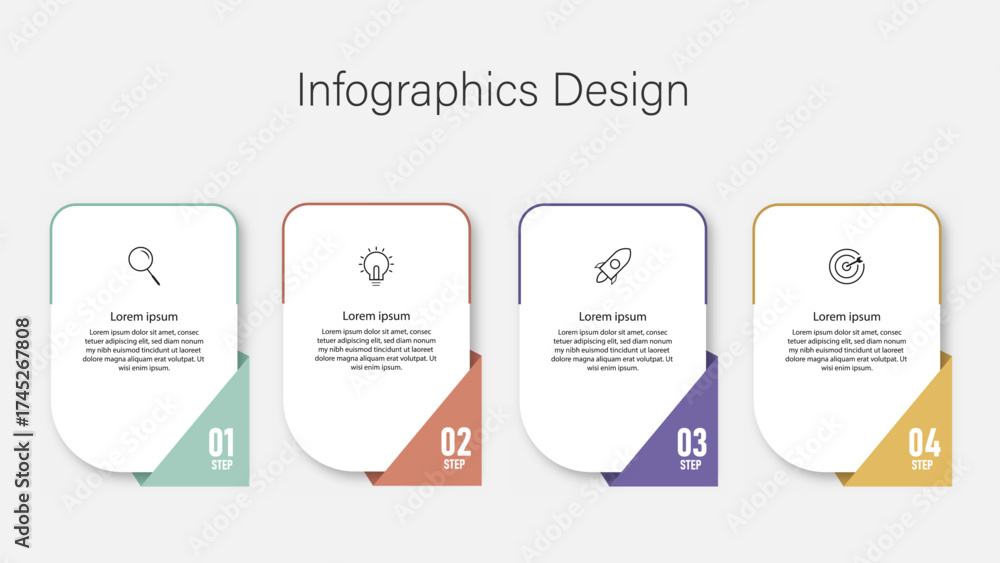 Obraz premium Vibrant infographic template featuring four sequential steps with icons for search, idea, rocket launch, and target. Great for business planning, workflow diagrams, marketing, and presentation slides
