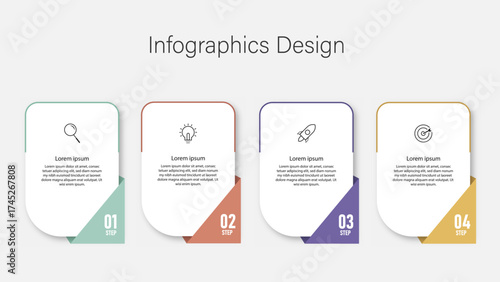Vibrant infographic template featuring four sequential steps with icons for search, idea, rocket launch, and target. Great for business planning, workflow diagrams, marketing, and presentation slides