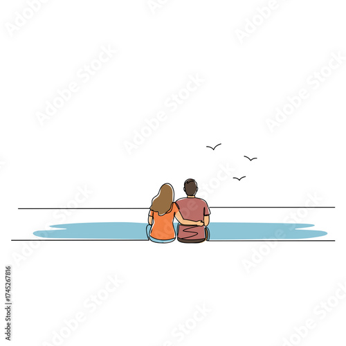 Couple sitting together by the water watching birds in love  