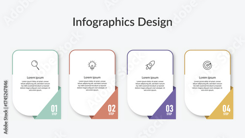 Vibrant infographic template featuring four sequential steps with icons for search, idea, rocket launch, and target. Great for business planning, workflow diagrams, marketing, and presentation slides