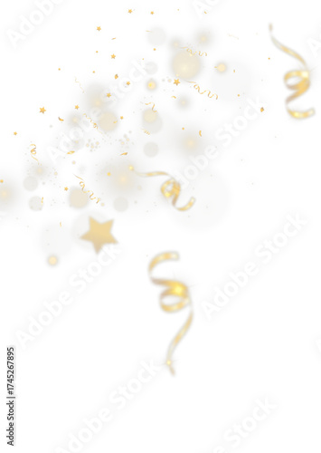 Golden confetti and curling ribbons with glowing stars and sparkles, luxury festive decoration isolated on transparent background, elegant celebration design for party, holiday or event banner