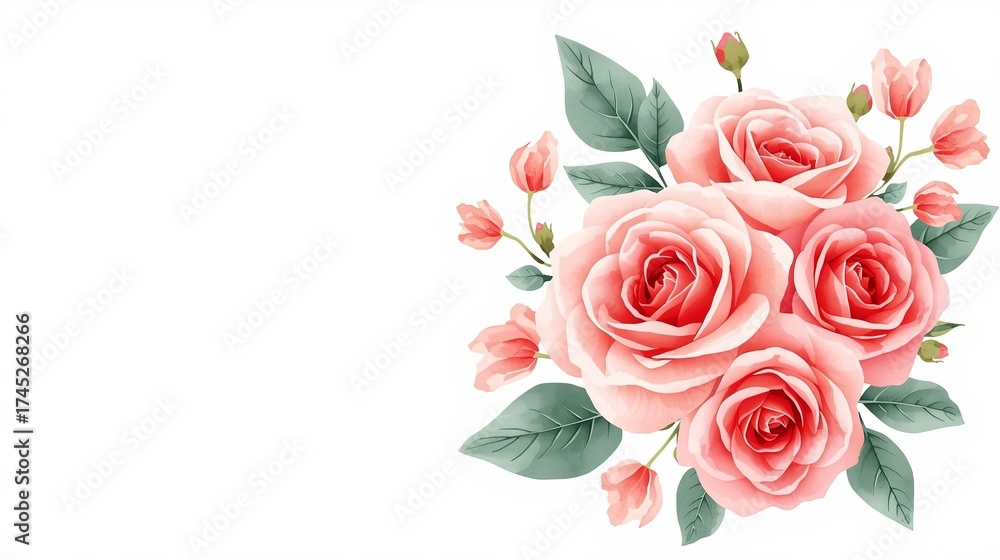 Fototapeta premium Bouquet of pink roses, flower buds branches isolated on white background. flower concept with empty space.