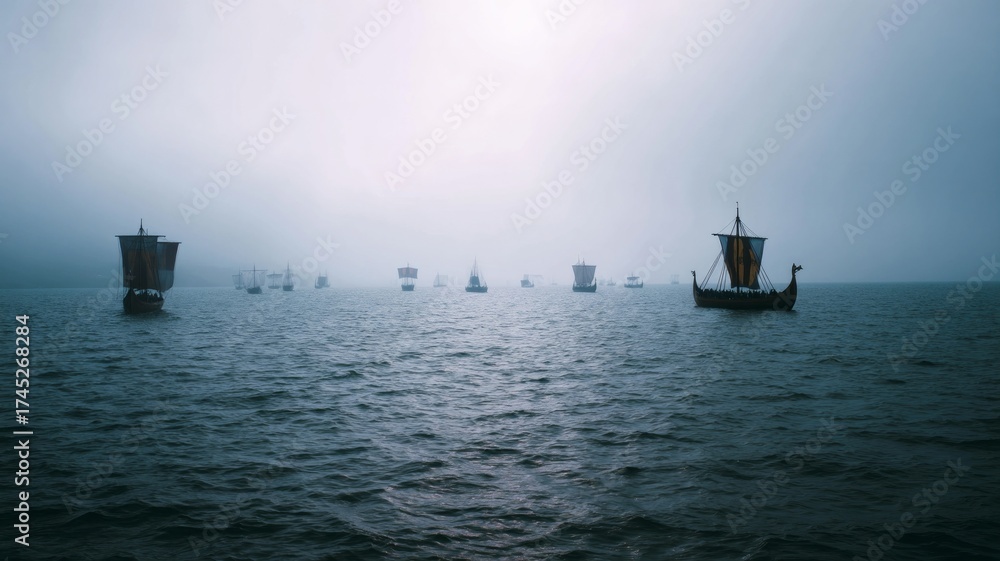 Fototapeta premium Viking ships sailing in foggy waters at dusk. AI image