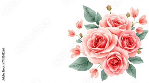 Bouquet of pink roses, flower buds branches isolated on white background. flower concept with empty space.