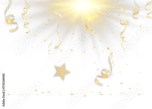 Gold confetti and curling ribbons with glowing stars, festive decoration isolated on transparent background, celebration sparkle and luxury party design element