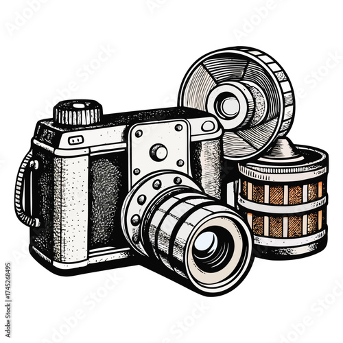 Vintage Hand-Drawn Illustration of Retro Film Cameras and Film Roll – Engraving Style.