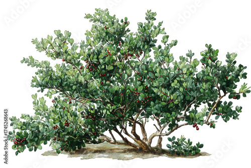 Green Manzanita Bush with Red Berries on Transparent Background for Flora Illustrations
