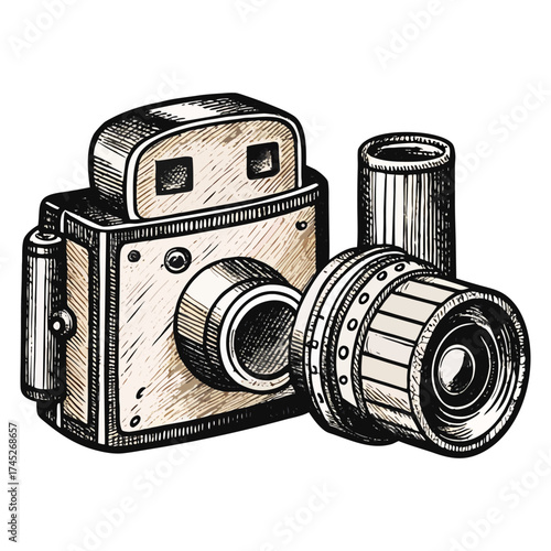Vintage Hand-Drawn Illustration of Retro Film Cameras and Film Roll – Engraving Style.