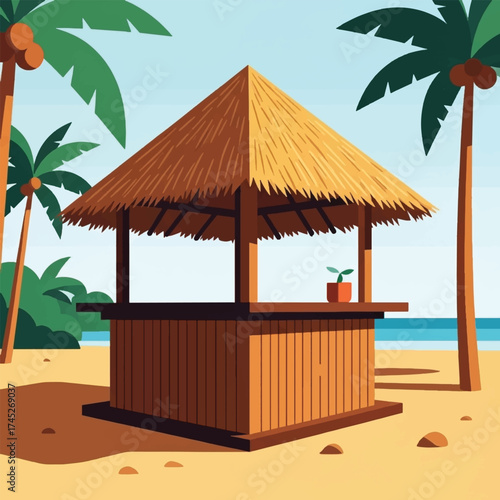 A beachside tiki hut with a thatched roof, palm trees, and a sandy shore.