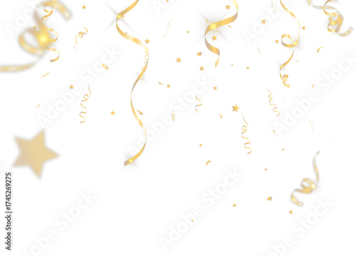 Gold confetti and curling ribbons with glowing stars, festive decoration isolated on transparent background, celebration sparkle and luxury party design element