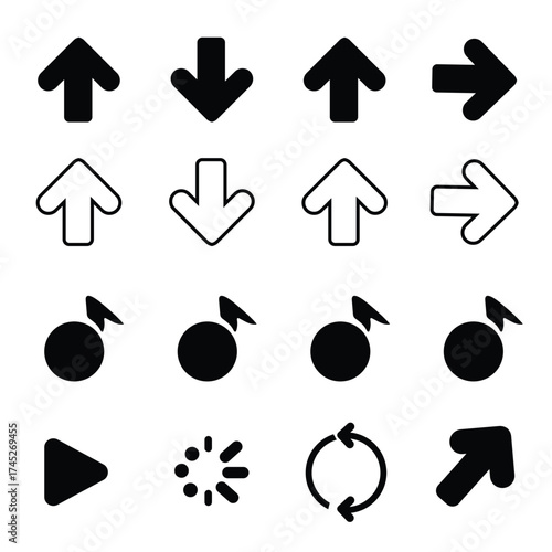 Collection of black and white arrow icons and symbols for navigation and directional cues
